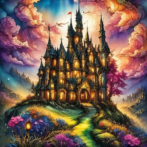 Epic <lora:Fantasy Inkling:1.0> closeup of a beautiful fantasy castle in the sky, alcohol-ink masterpiece, clean lines,  sharp focus,  Arthu...