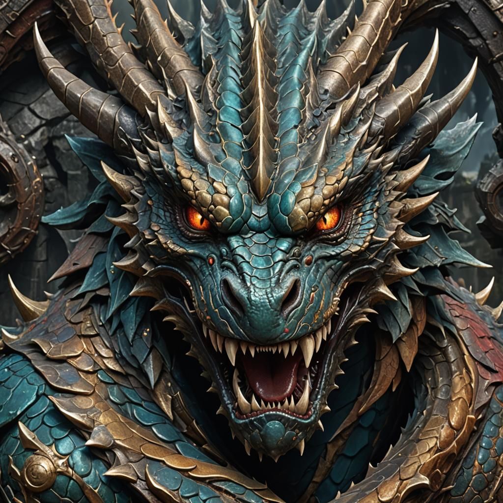 Realistic 3D image, dragon face, close up