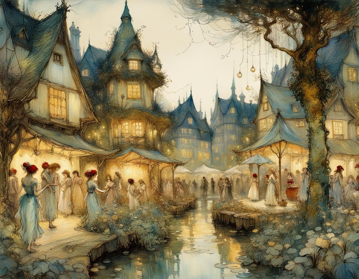 Fairies party festive celebration village, by Arthur Rackham...