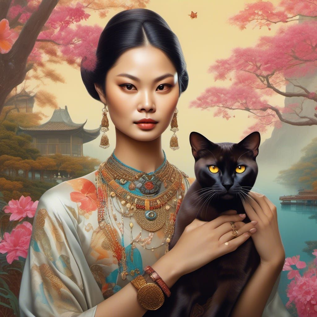 Asian Woman with Burmese Cat in Hyperrealistic Portrait