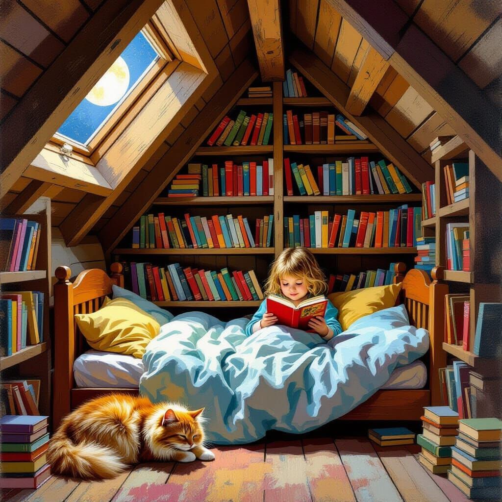 A child reads nestled in its bed within a cozy attic room, bathed in the moonlight. Bookshelves line ...  by @Bee_creative