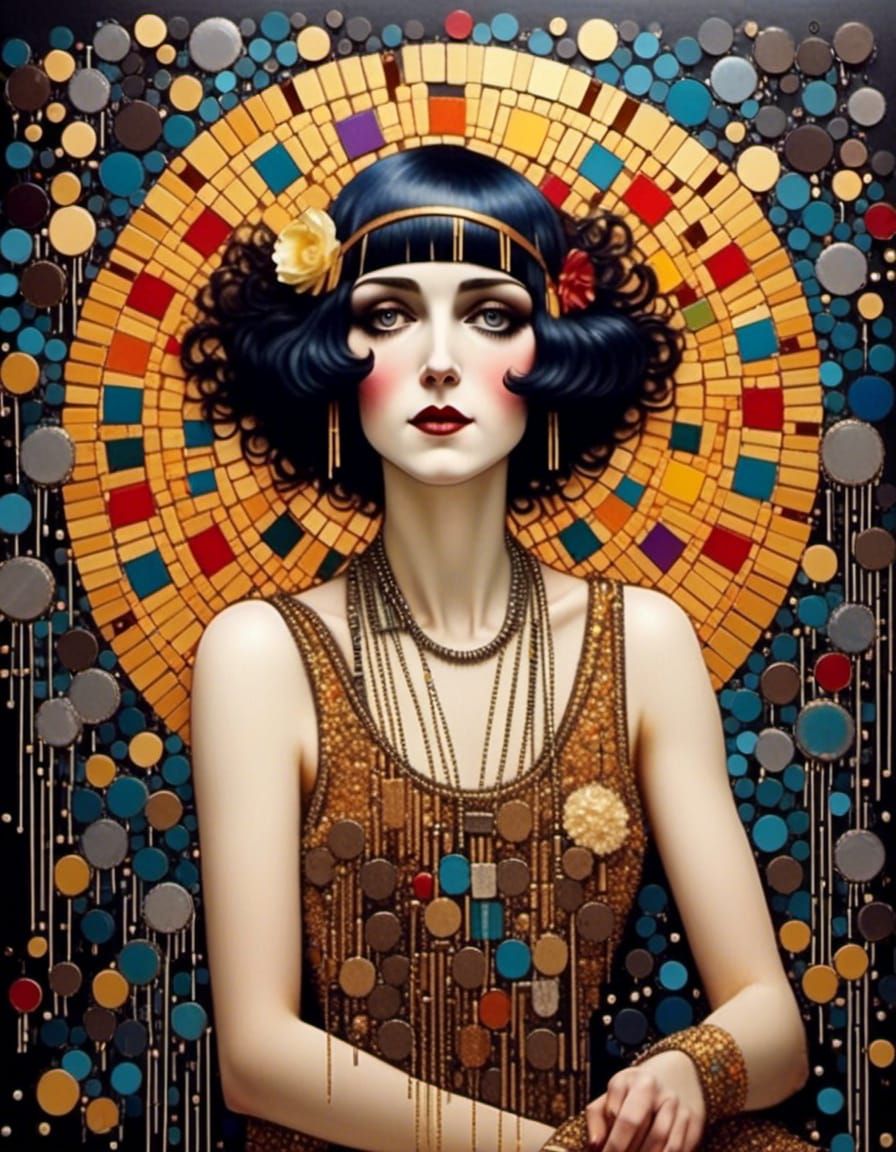 <lora:Circuitous:1.0> Paintung of Klimt style Beautiful 1920s Flapper woman surrounded by falling vibrant confetti with an Art Deco surround...