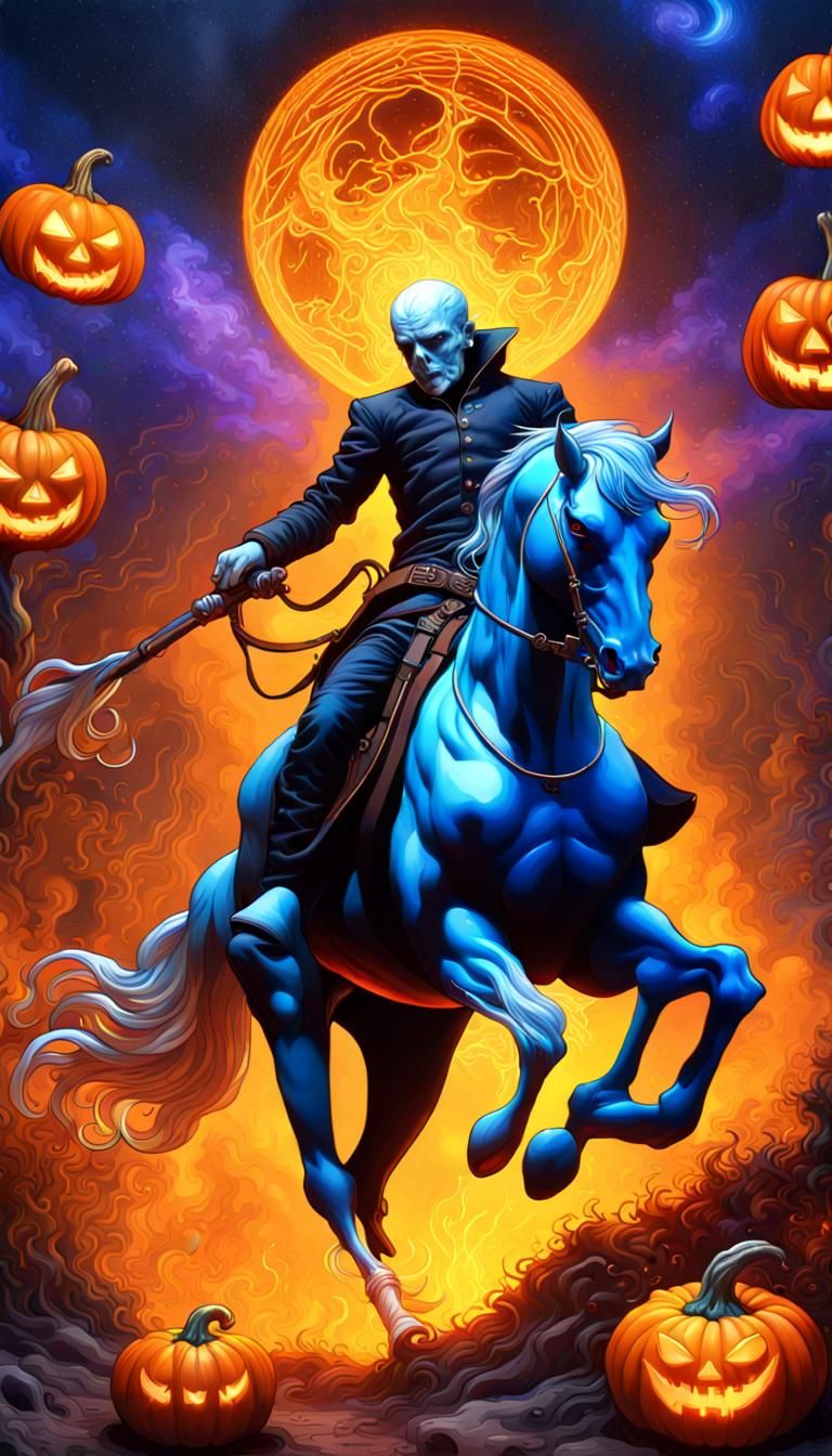 Psychedelic Headless Horseman with Pumpkins and Stars