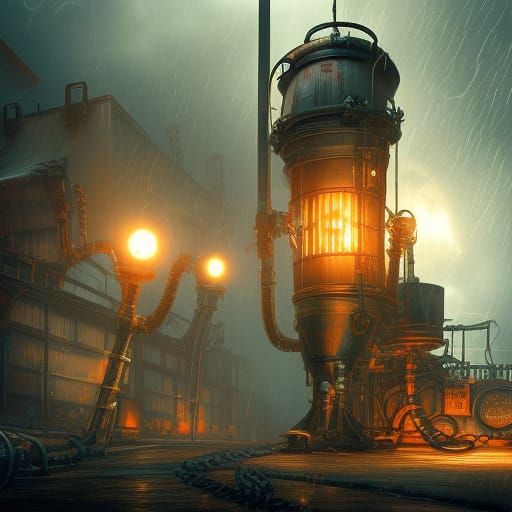 Steampunk Robotics Factory in Stormy Weather