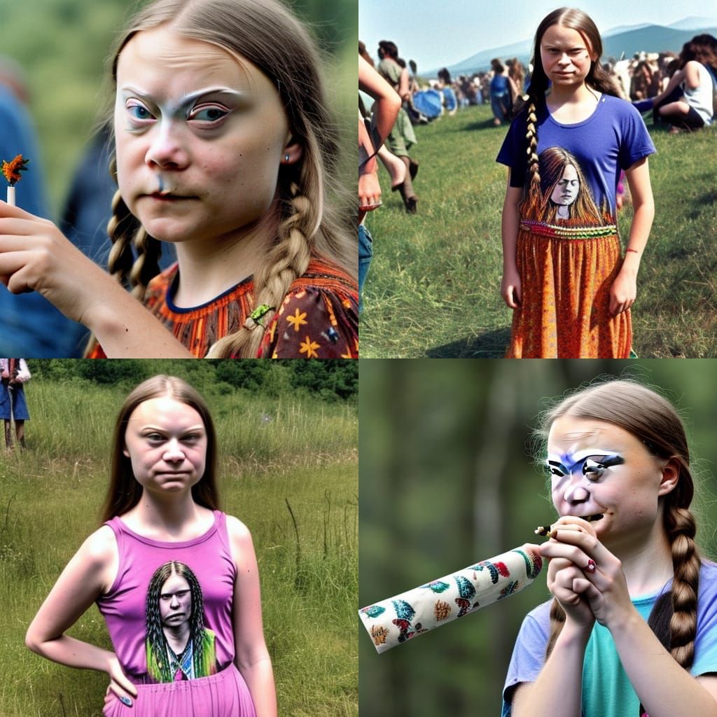 Greta Thunberg in a hippie dress and a joint at Woodstock fe...