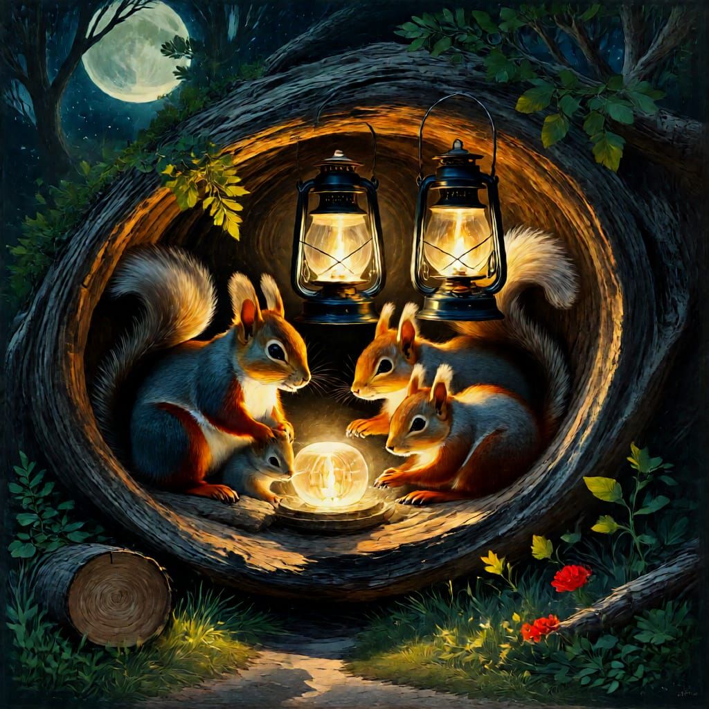 Cozy Squirrel Family & Lantern