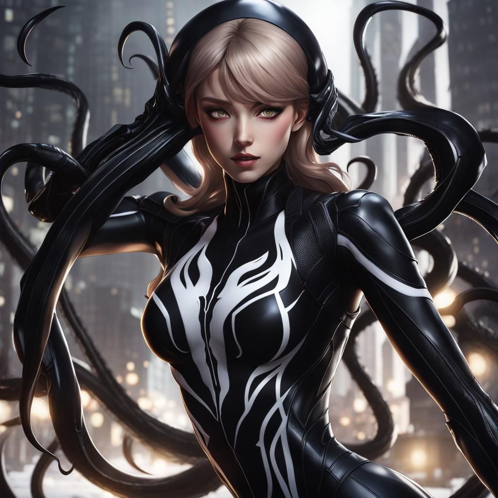 Draw a woman in a symbiote suit. Make her face be clearly vi...