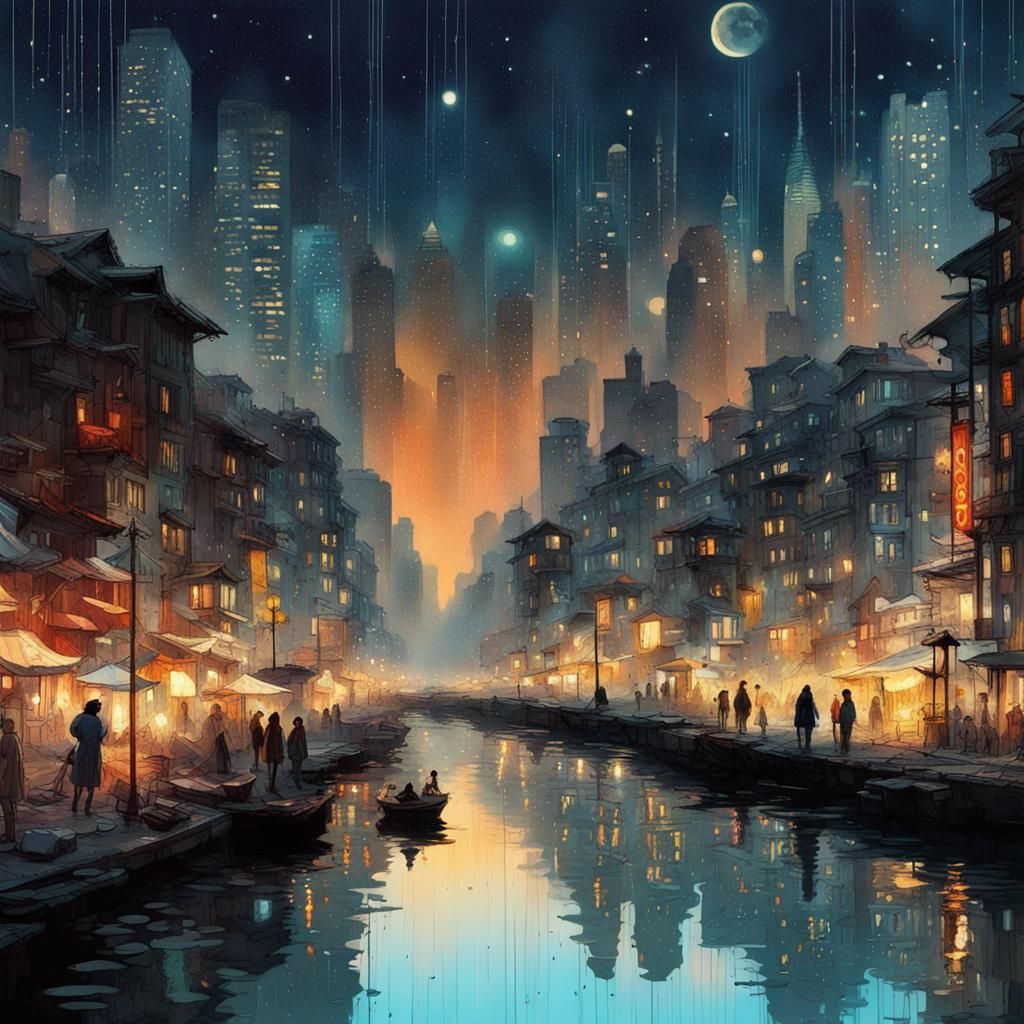 Hyperrealistic Starry Vibrant Colorful Cityscape Skyline Bioluminescent Galactic Abstract Brad Baker ...  by @Frodo-Baggins