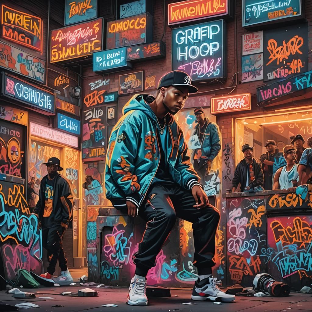 A dynamic cityscape lit up with neon signs and bustling with...