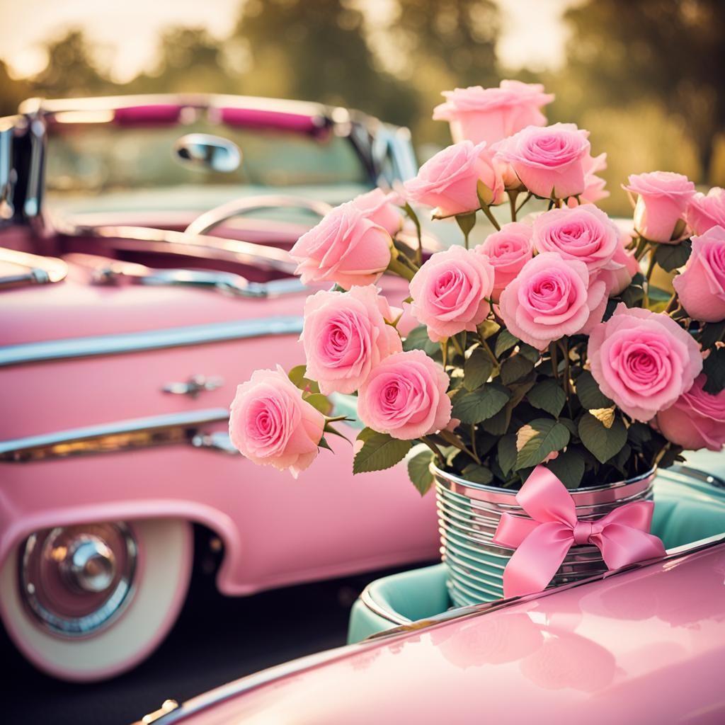 A cute pink and white '55 Chevy convertible with a big pink ...