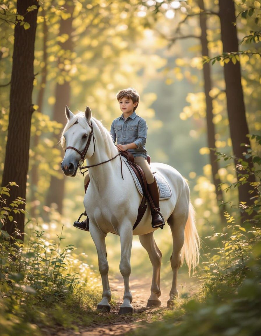 Boy Rides White Horse Through Lush Forest
