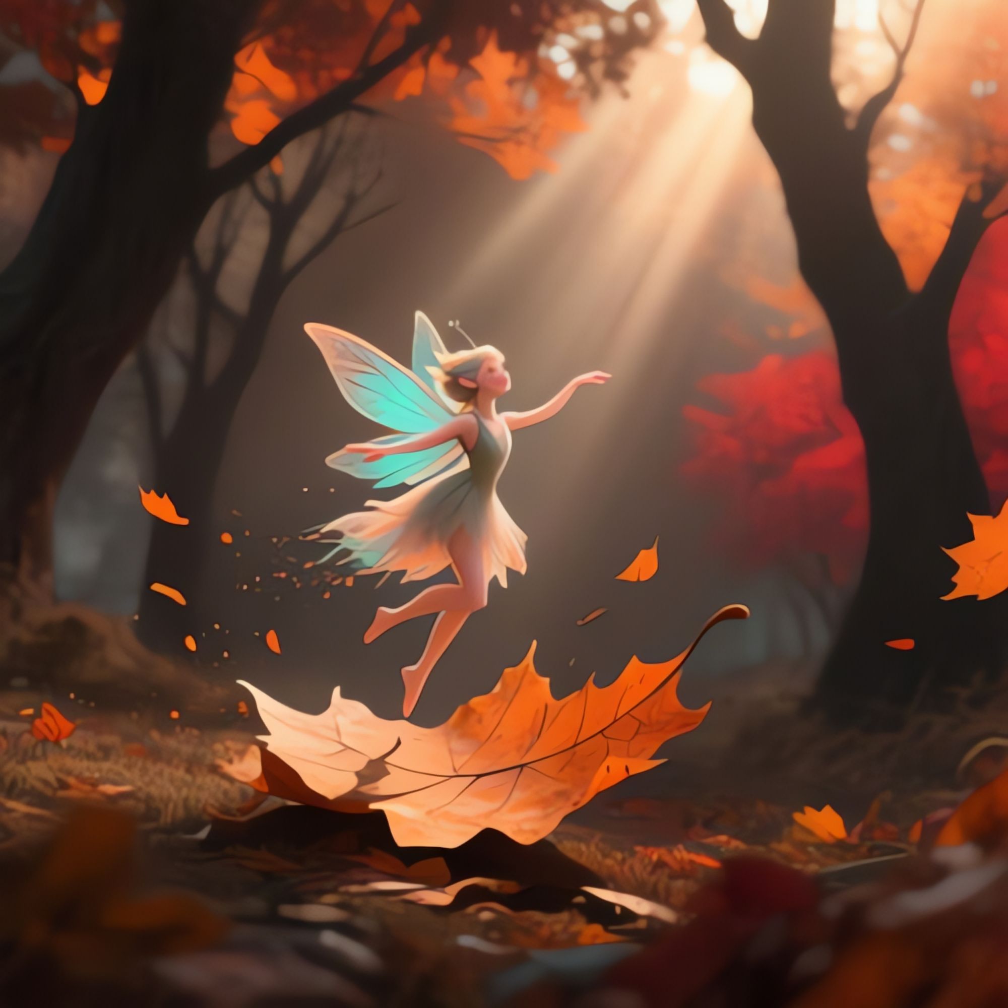 
Small Fairy dancing on a falling leaf, soft darker autumn colors. Sunshine from behind trees. 
