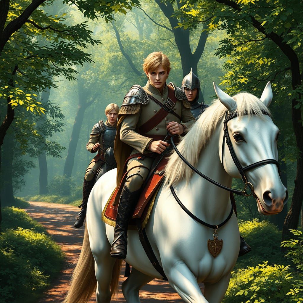 Regal Prince on White Horse in Forest, as Fantasy Art