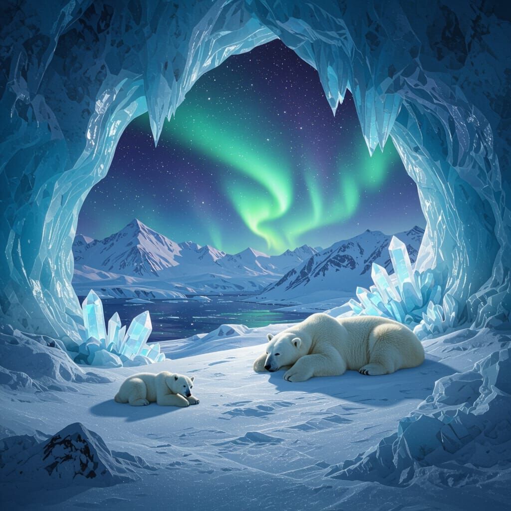  Polar Night: In the side of a snowy mountain, an ice cave with large crystal formations, a raised area in the back of the cave, where  a large polar bea...