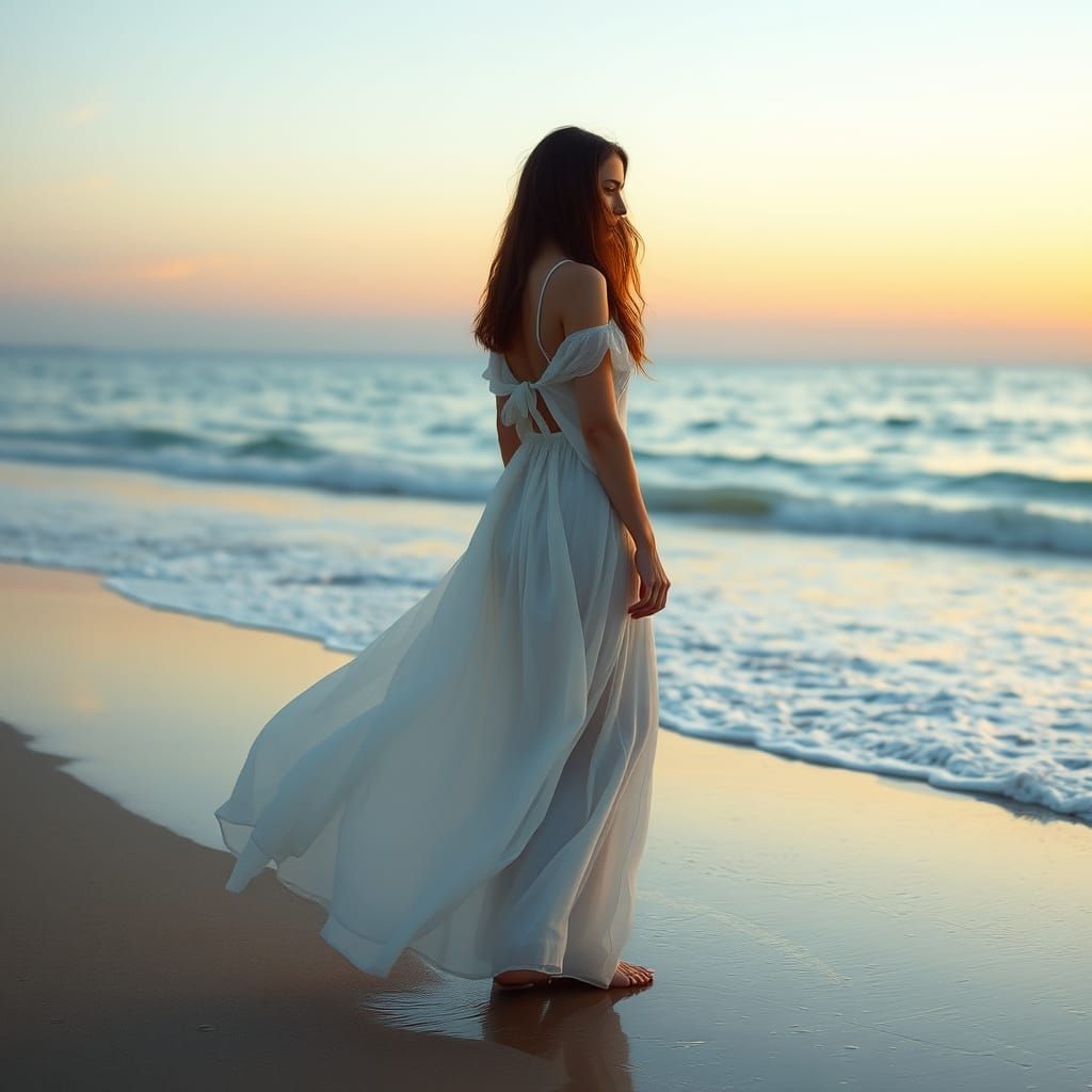 Serene Woman on Tranquil Beach at Sunset