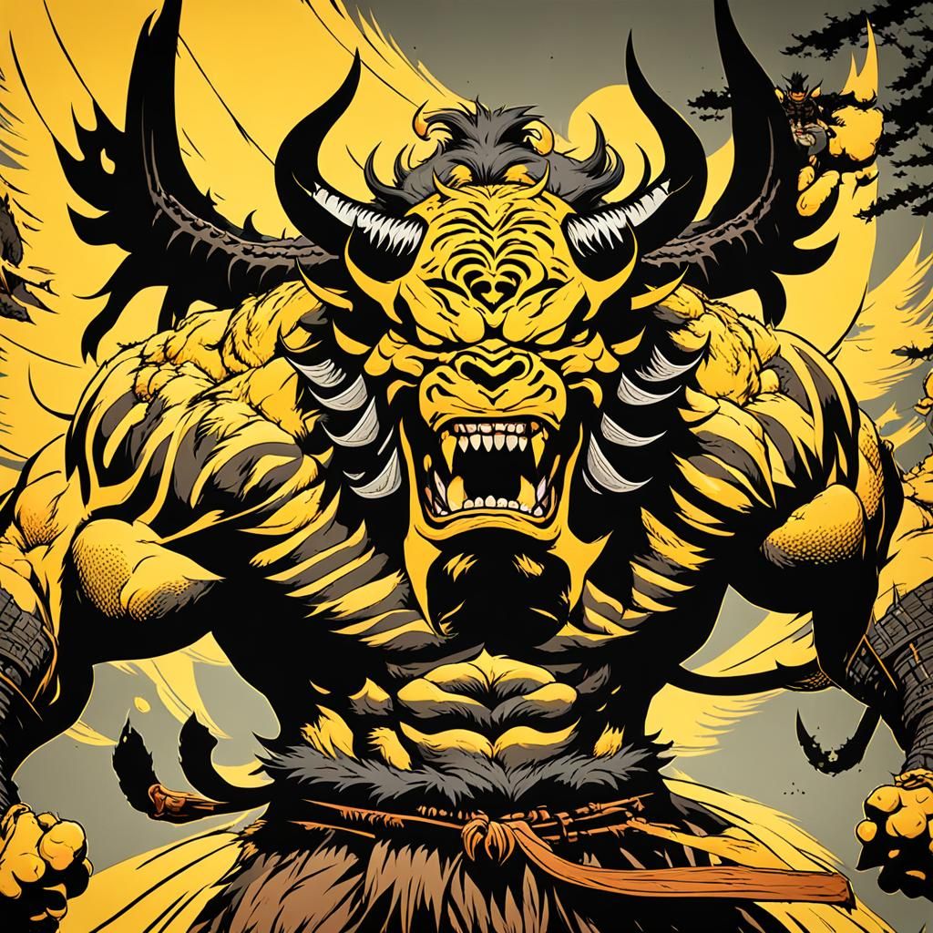 Yellow Japanese oni with shinigami wings, hulking figure with a moose's ...