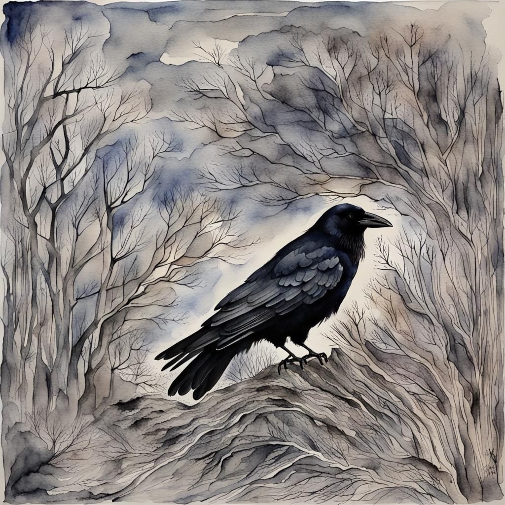 Crow.  Ted Hughes.  Black.  Dark.  Watercolour.