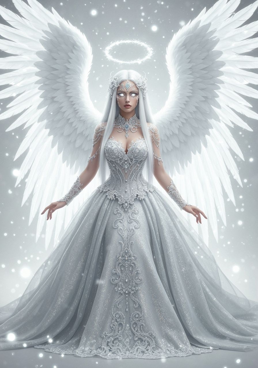 Ethereal White Angel with Silver Eyes and Radiant Wings