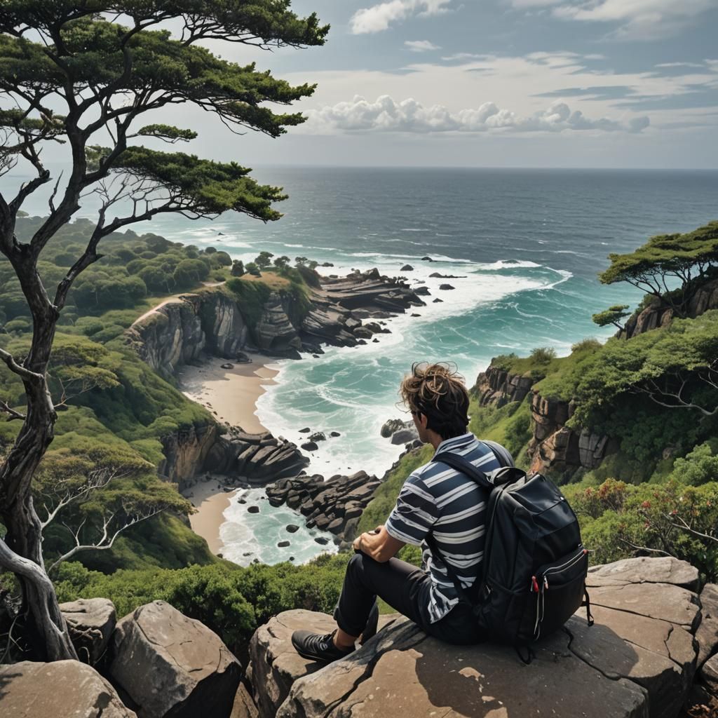 A lone man sits atop a rocky cliff, gazing out at the crashi...