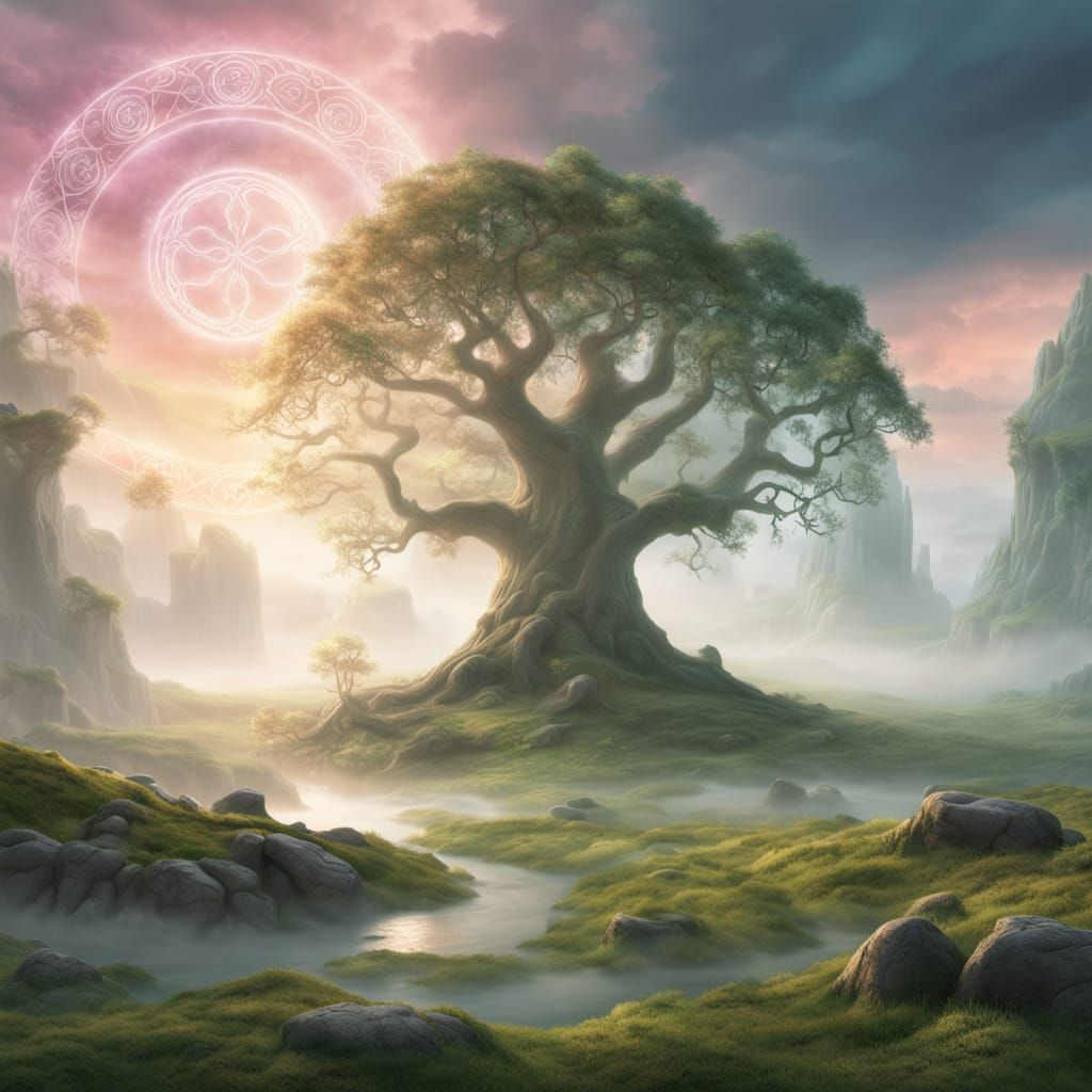 Floating Celtic sanctuary on a drifting green island above the fog, stone circles glowing with ancient runes, druids in white cloaks, sacred...