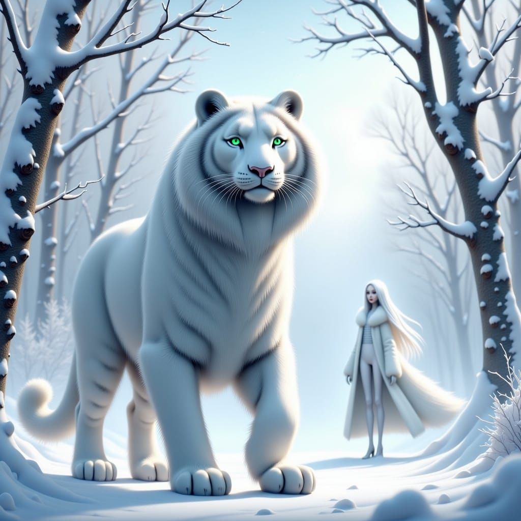 <lora:White Fantasy:1.0>White Tiger in a Winterscene Landscape, Hyper-detailed 3D glossy oil airbrush artwork, setting with a slender white...