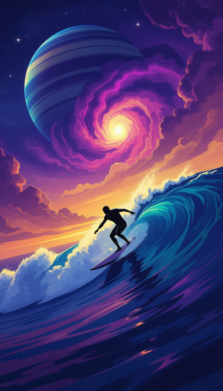 Surfer Rides Cosmic Wave in Dark Fantasy Art