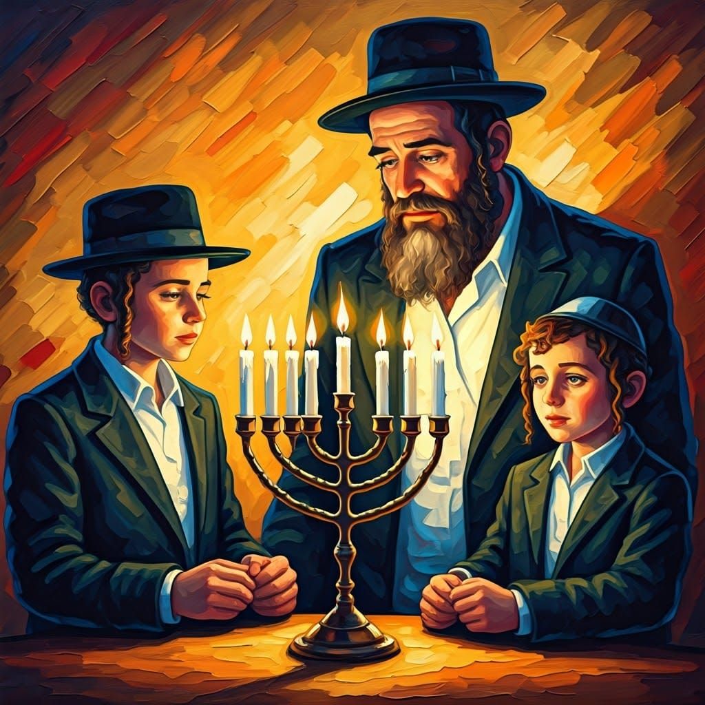 Joyful Chasidic Family Celebrates Chanukah in Vibrant Gouach...