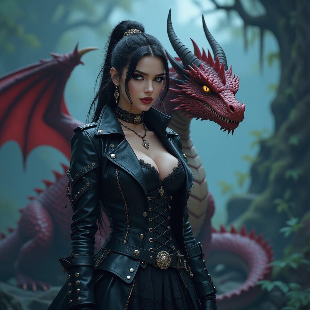 Gothic Princess and Dragon in a Dark Realm