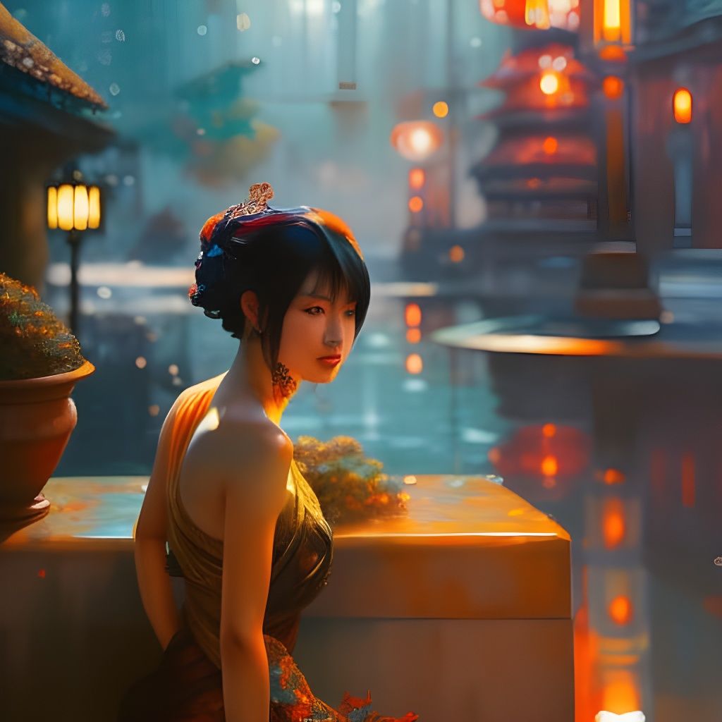 Japanese Bath House: Neo-Impressionist Oil Painting