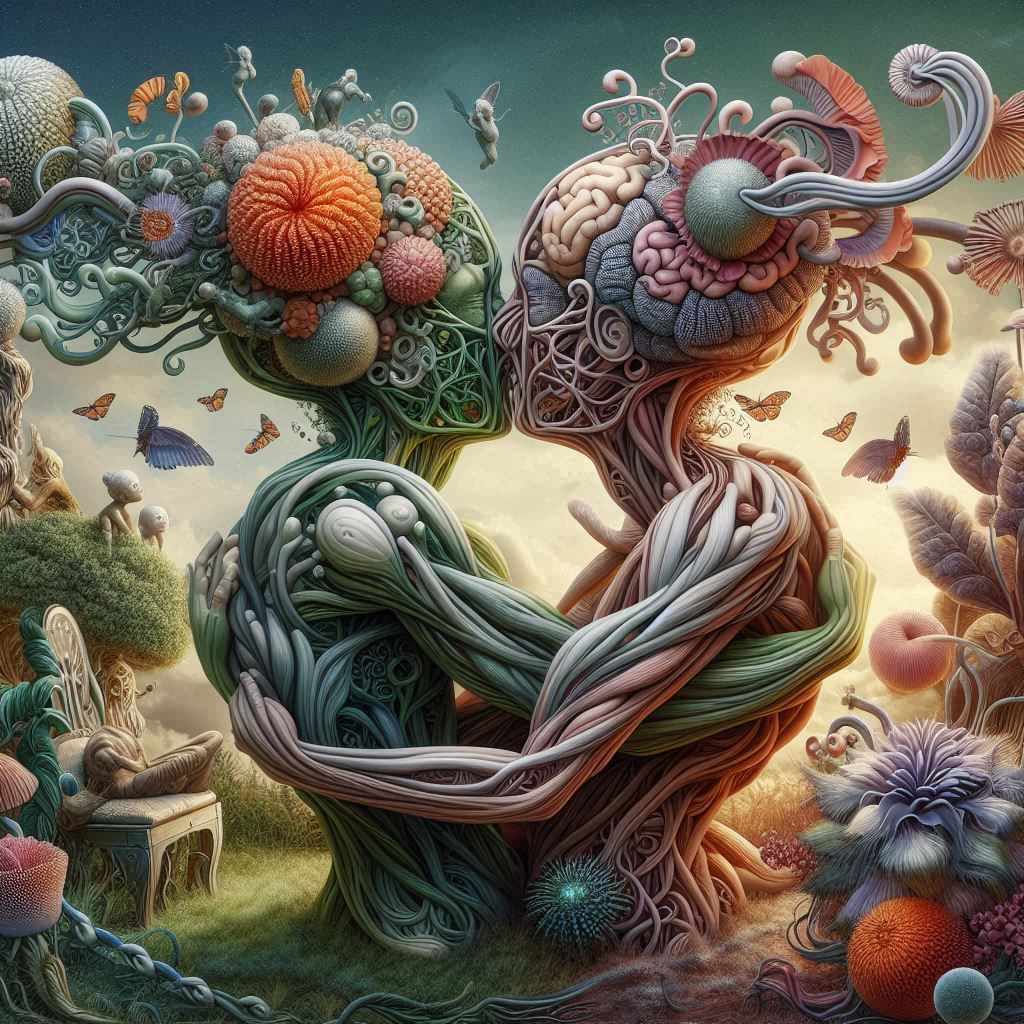 A surreal garden party with whimsical sculptures and strange creatures. The image depicts two intertwined figures reveal...