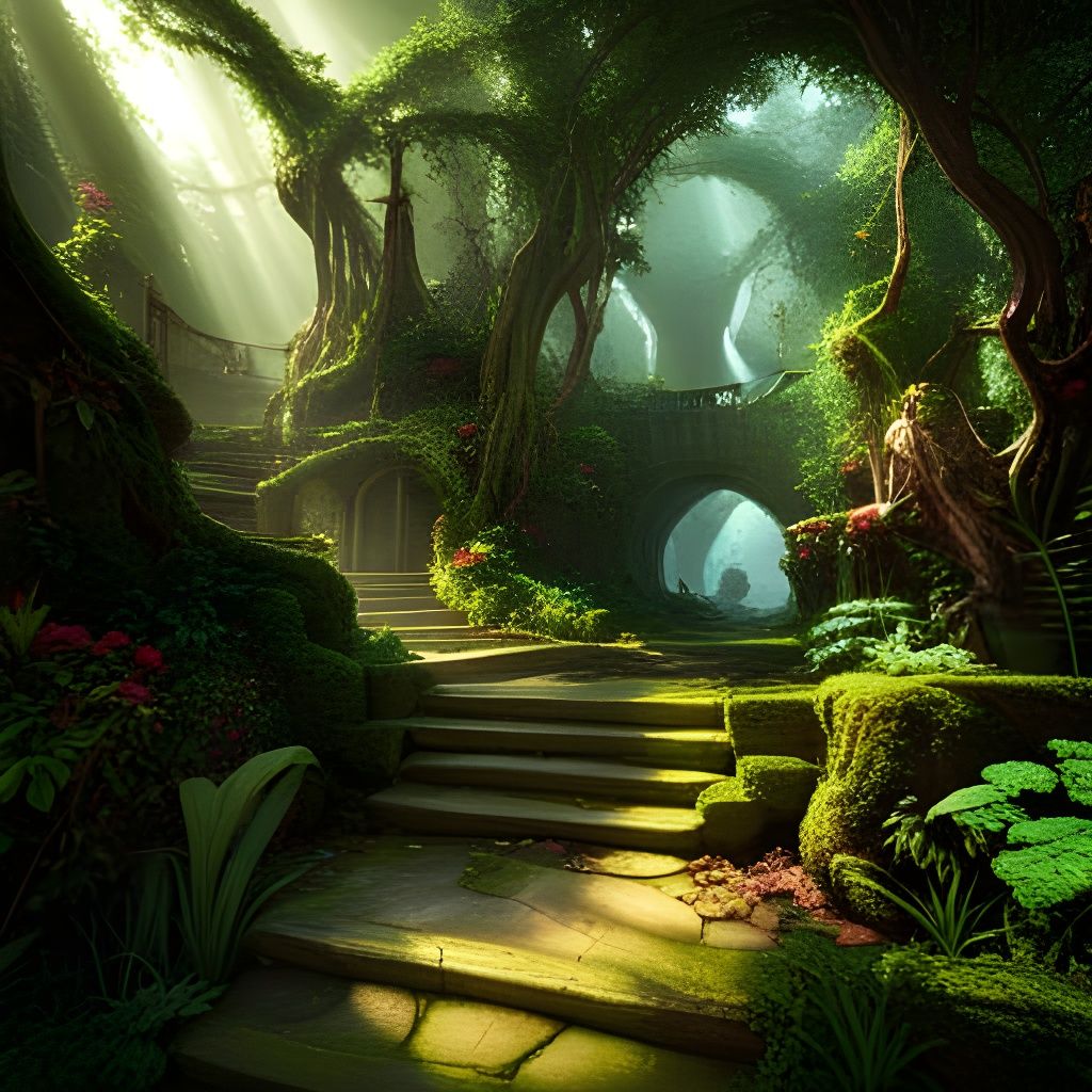 Fantastic, incredible luminescent jungle with hidden  fairies, stunningly beautiful, a glimpse of a castle ...  by @Silken