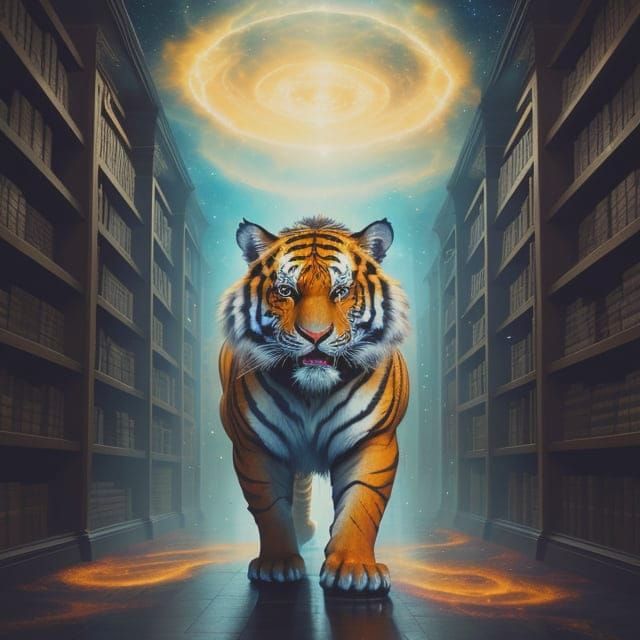 Surrealism.seeking his next book to read an enraged tiger stands amidst towering shelves of books that morph into swirling nebulae. The air ...