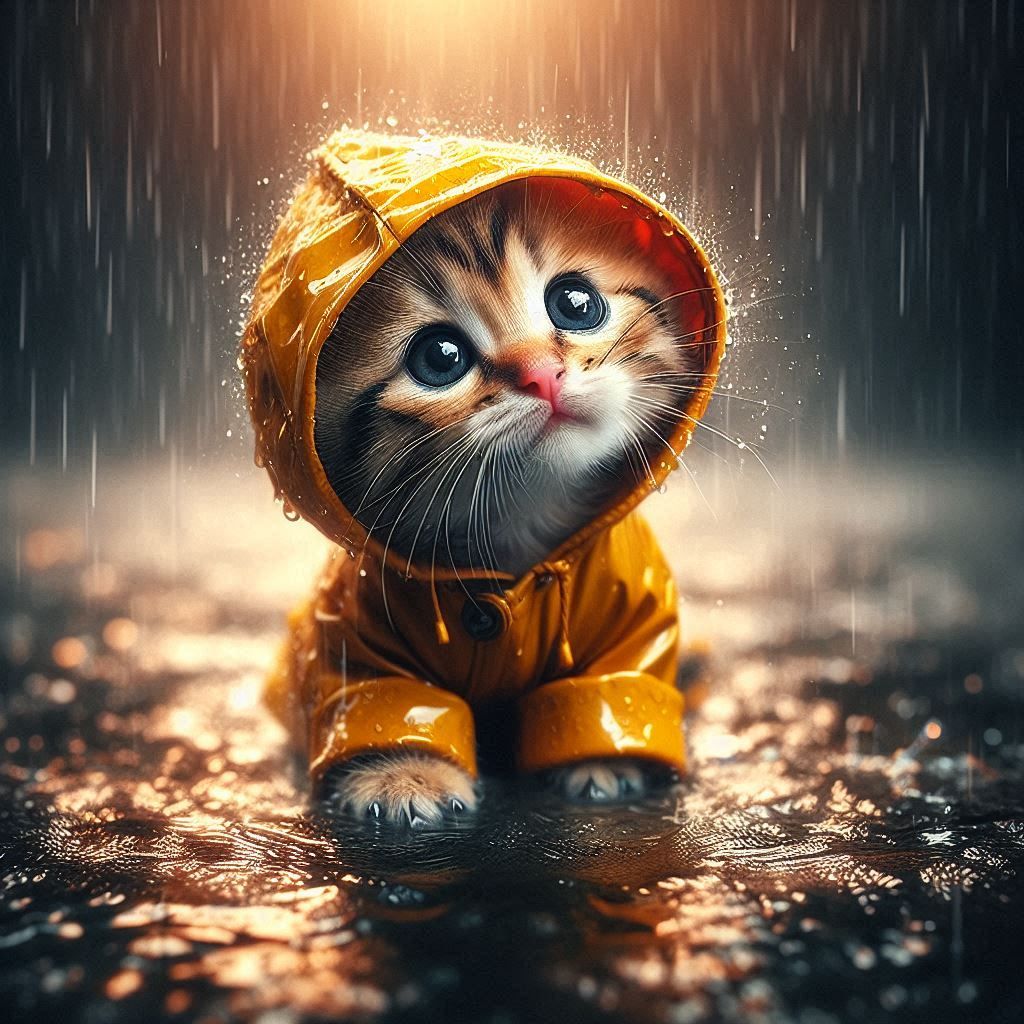 playful adorable drenched kitten in rain pitiful optimism ra...