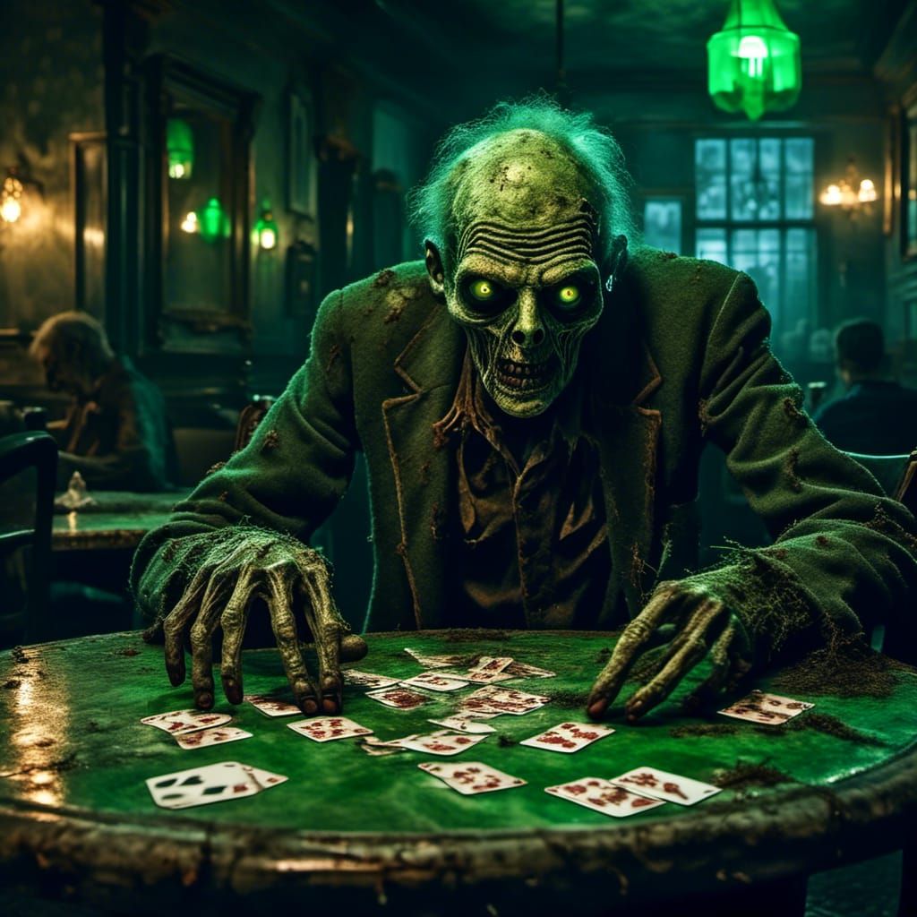 Zombie Horror, playing cards in a cafe, glowing green eyes, hd realistic, Insanely detailed horror photography <lora:FrightNight:1.0> HD pho...