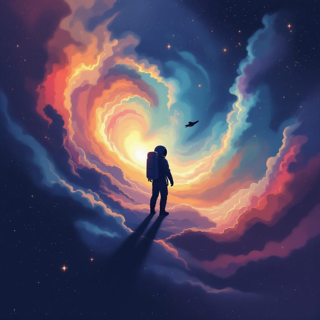 A lone astronaut adrift in the cosmic sea, their silhouette ...