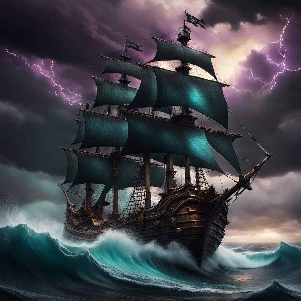 Mystical Pirate Ship Sailing a Stormy Sea