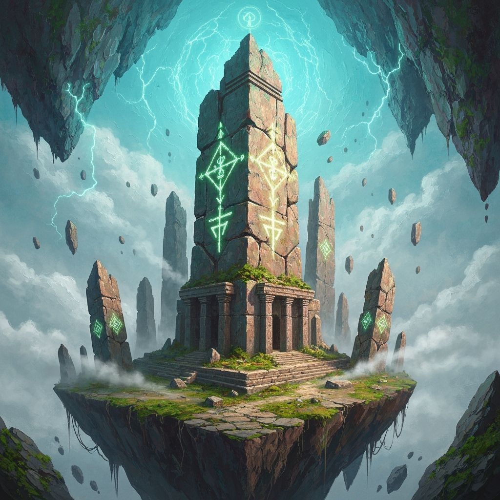 A mysterious, ancient ruin perched precariously on a solitary floating island, shrouded in mist and spiritual energy. Strange, glowing symbo...