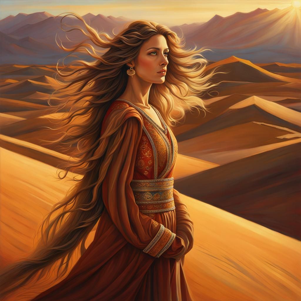 Lady with flowing hair in desert, oil painting, traditional clothing, wind-blown hair, sun-soaked landscape, ...  by @H_Artwork