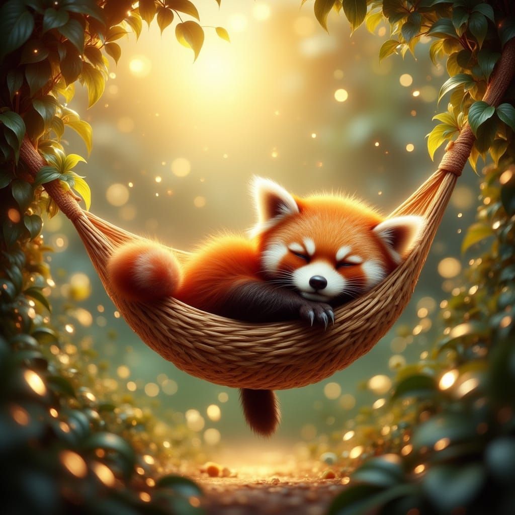 <lora:Dreamy Enchantment:1.0> A red panda asleep in a hammock. warm colors 3D shading golden hour beautiful ...  by @Laurens-Corner