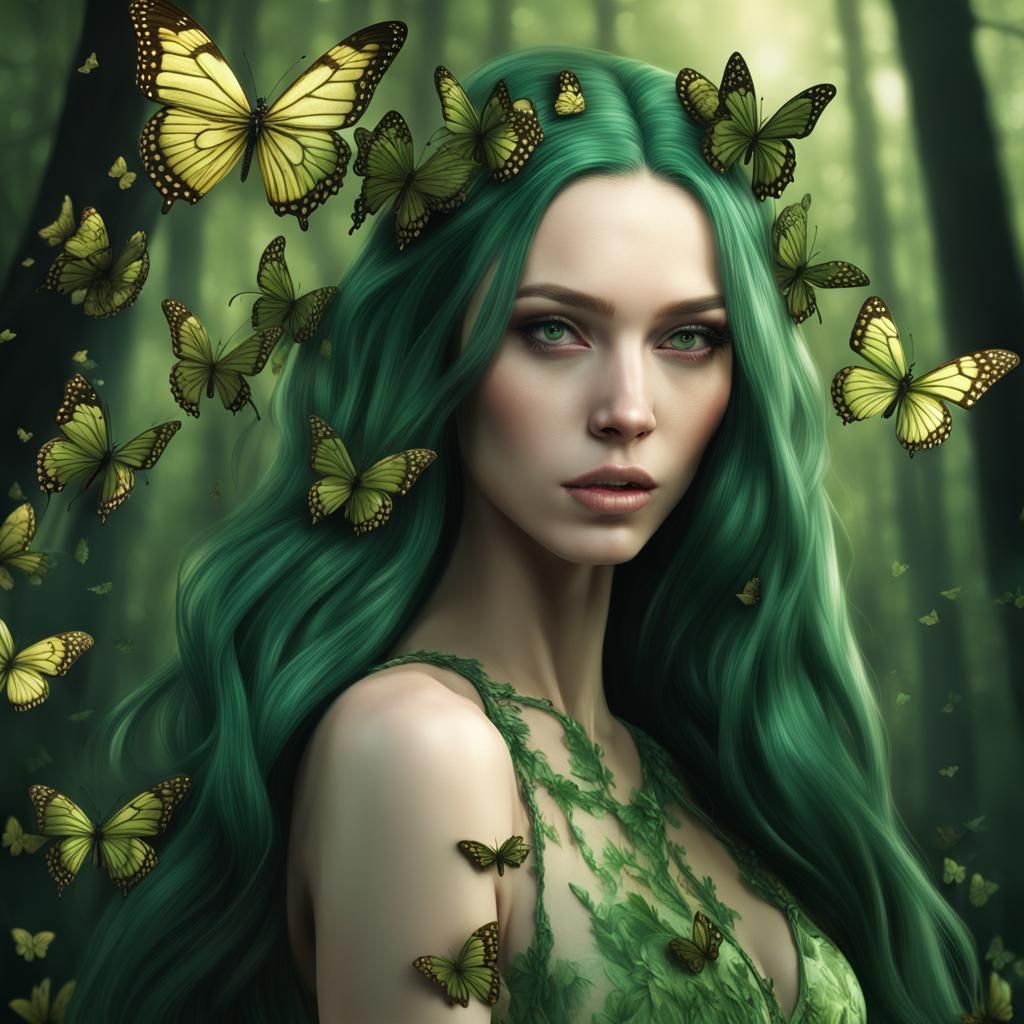 Emerald Beauty in Dark Forest, Photorealistic Portrait