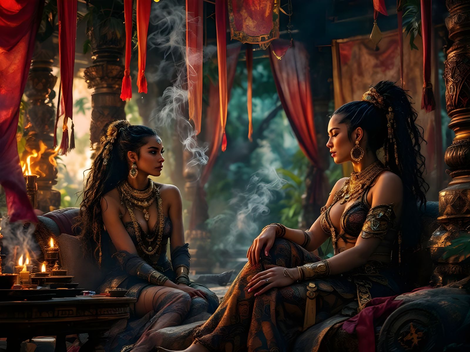 Women Warriors Relaxing in Jungle Temple, Hyperrealistic Art