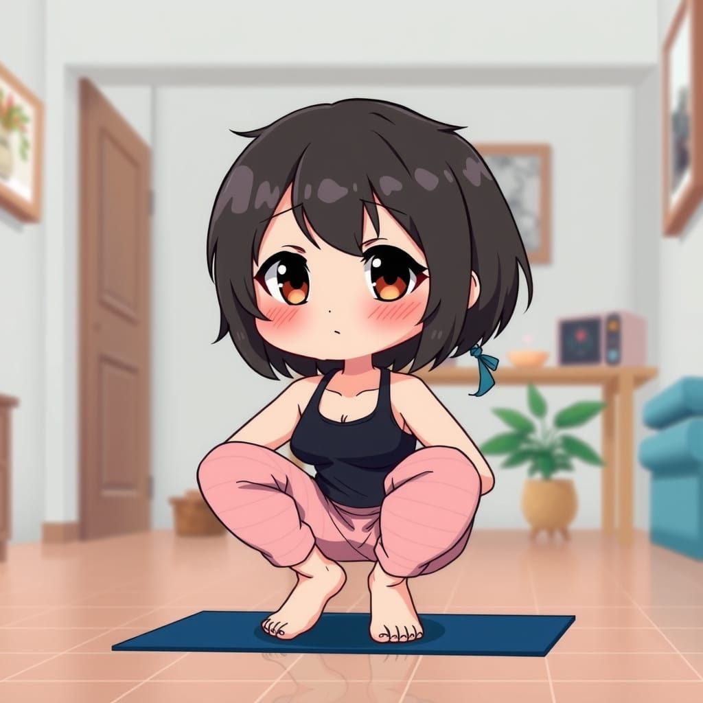 Chibi Anime Girl in Yoga Pose Against Home Background