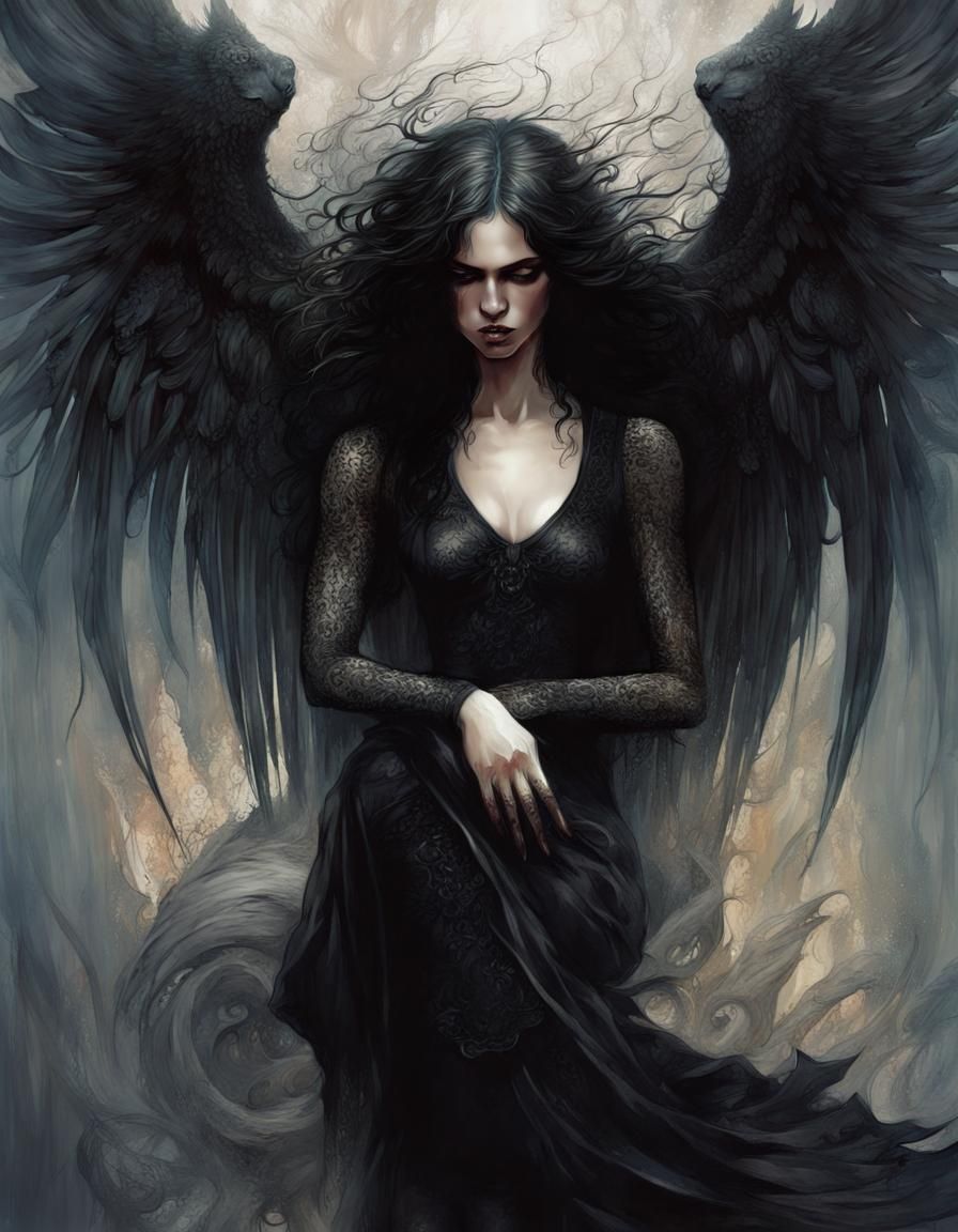 Fallen angel; Melancholic, dark, gloomy, emo, goth; Digital painting ...