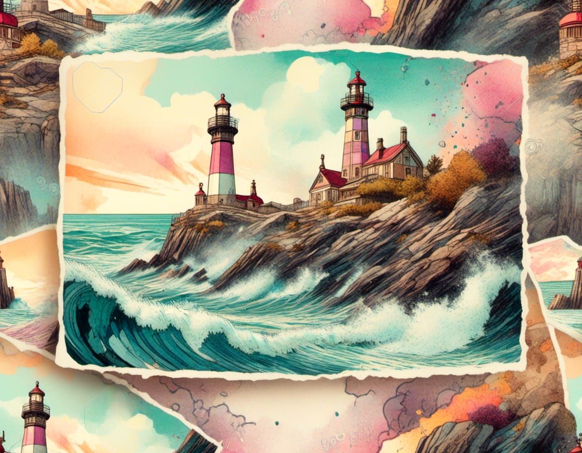 <lora:MixedMediYum:1.0> Gorgeous ornate postcard style image with waves crashing against rocks beneath beautiful lighthouse scene, art Nouve...