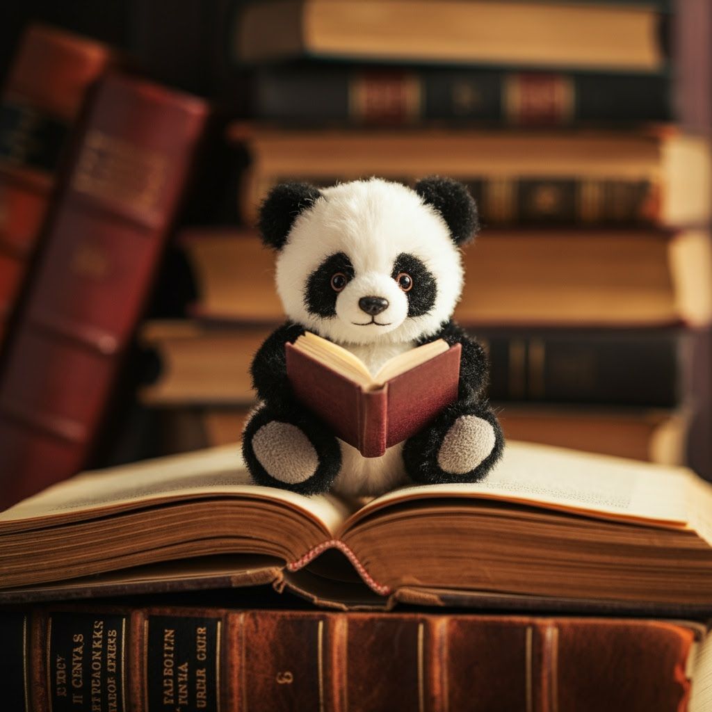 Panda Reading a Book in Cozy Library
