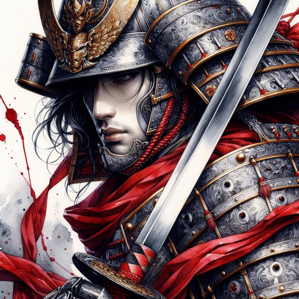 Valiant Samurai Warrior in Ornate Armor, Watercolor Style