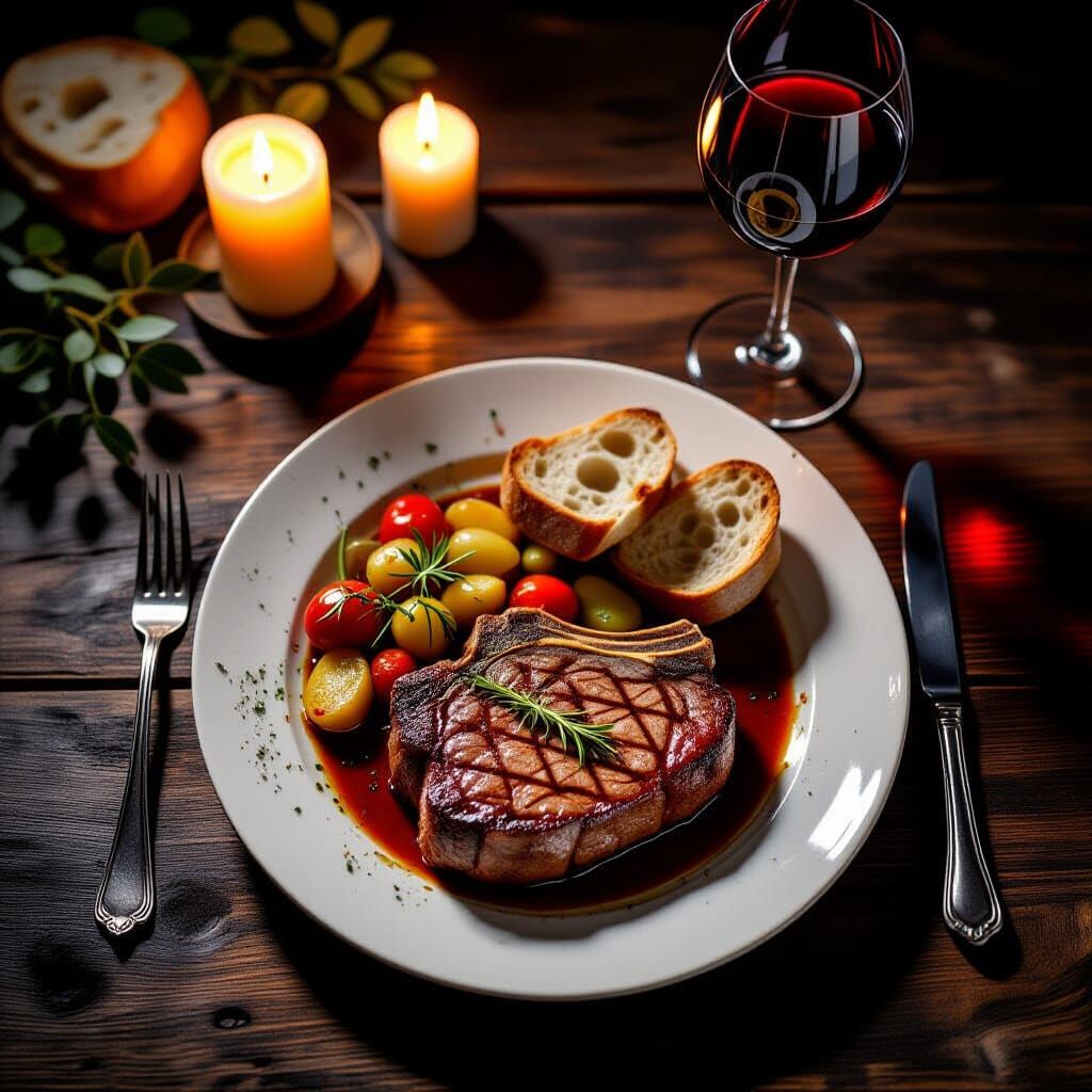 
“Hyper-realistic overhead shot of a rustic wooden table with gourmet dinner — juicy steak, glass of red wine, fresh bread, candlelight refl...