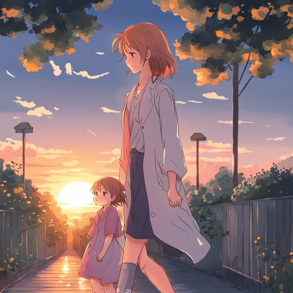A woman walking with her daughter in the sunset