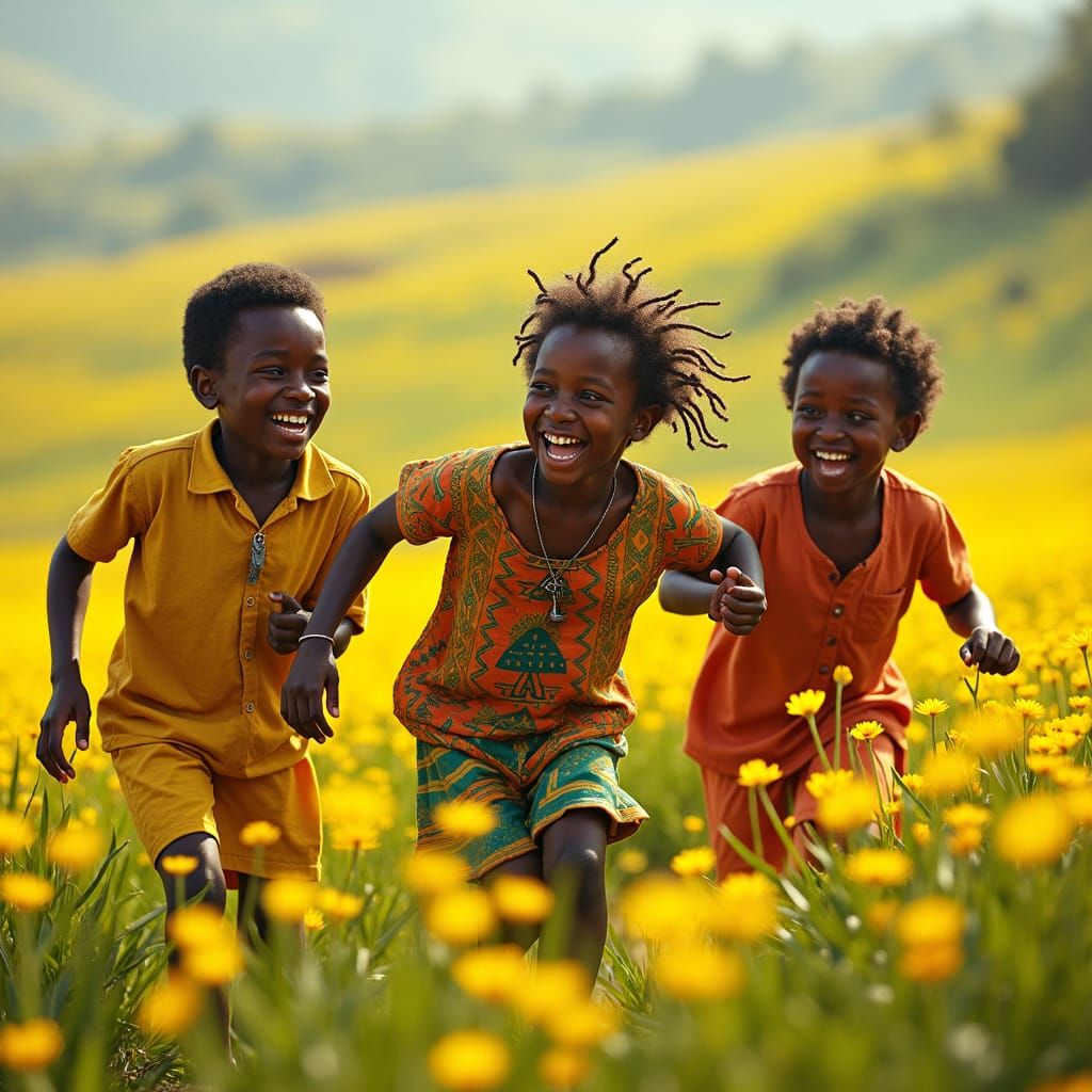 ethiopian boys and girls playing in the field, full of yellow flowers, adey abeba, adey abeba flowers, detailed