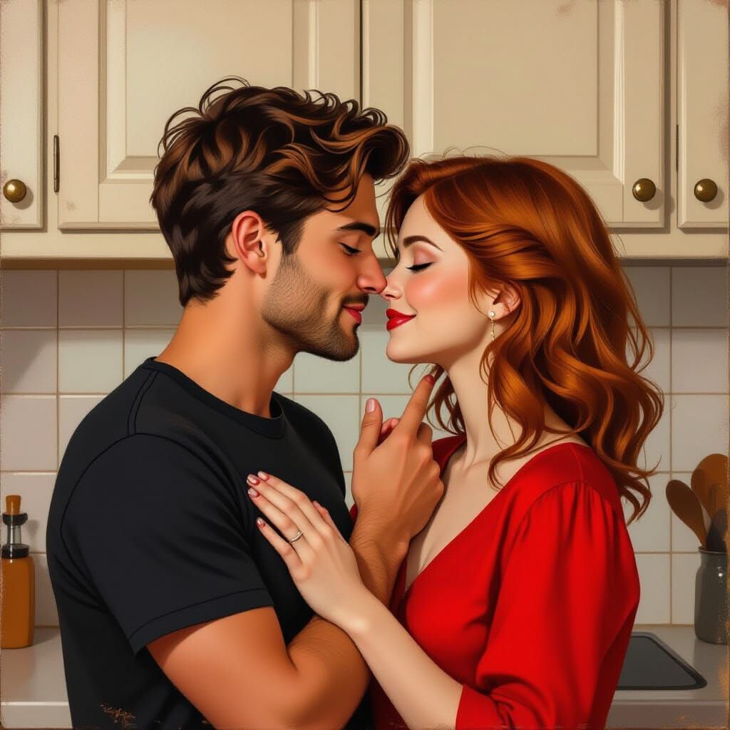 Tender Kiss in Warm Light: Oil Painting Style